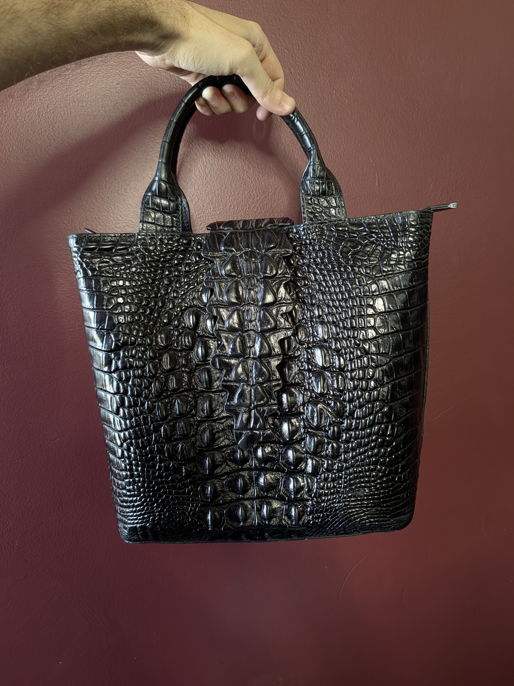 PIJUSHI Black Crocodile Skin Exotic Top Handle Snout Closure Overlay Handbag